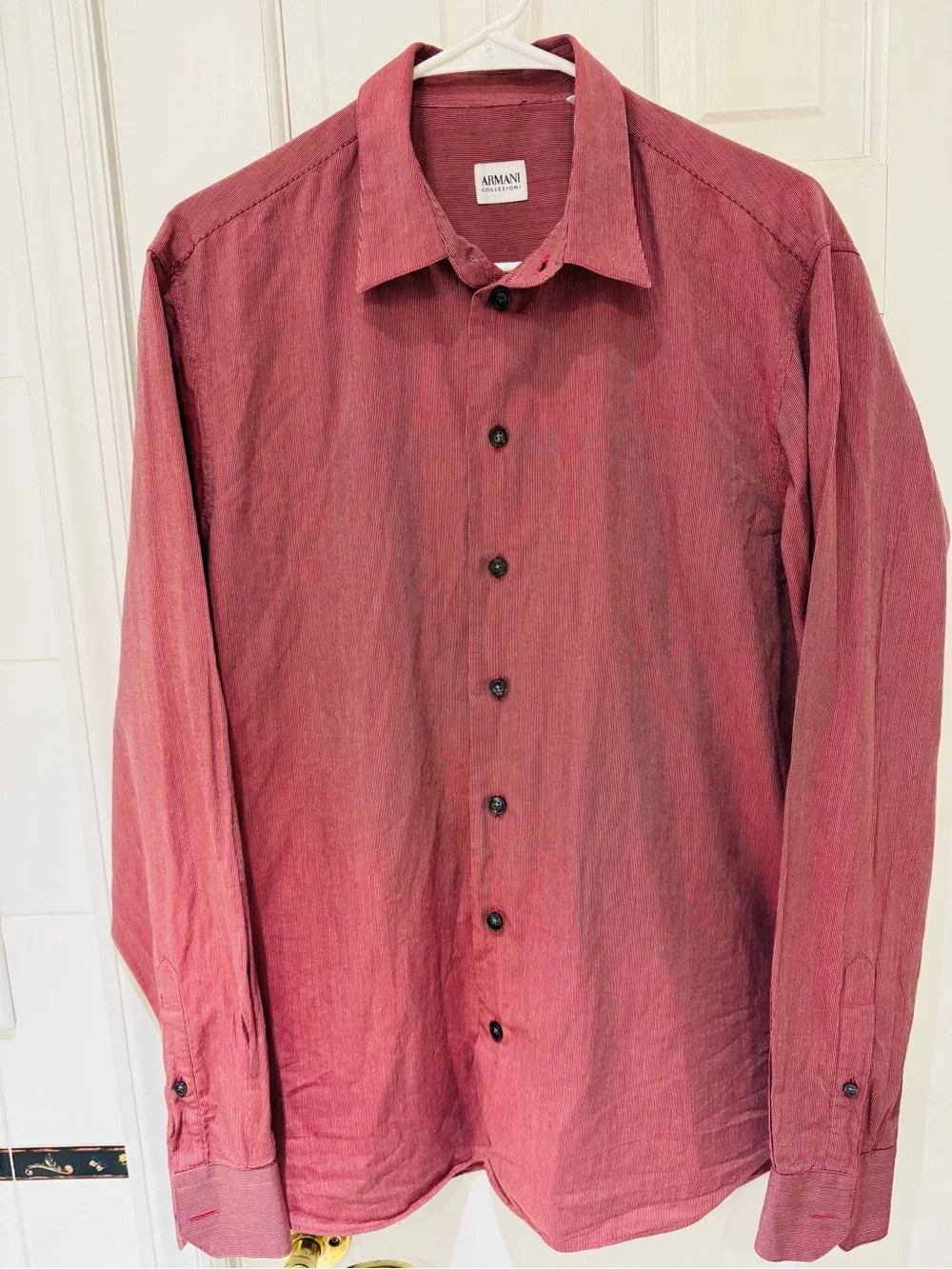 Armani Collezioni Men’s Red Micro Stripe Cotton Button Down Shirt Designer